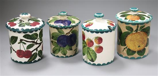 Four Wemyss fruit pattern preserve jars and covers tallest 12.5cm